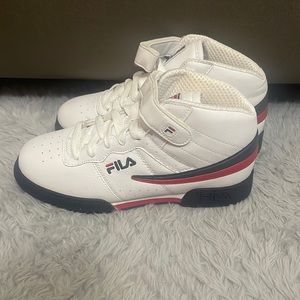 White, blue and red striped Fila